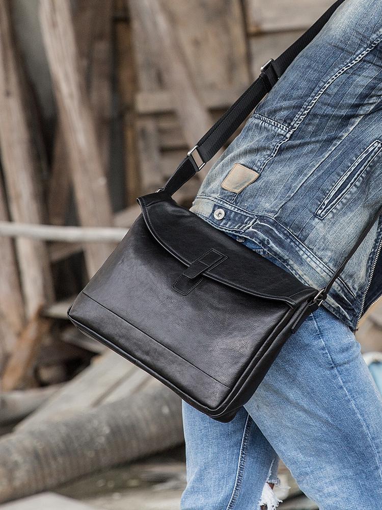 Black Casual Leather Mens 10 inches Side Bag Postman Bag Black Messeng ...