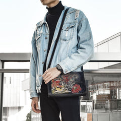 Handmade Black Tooled Floral Leather Messenger Bags Side Bag Clutch Wristlet Bag For Men