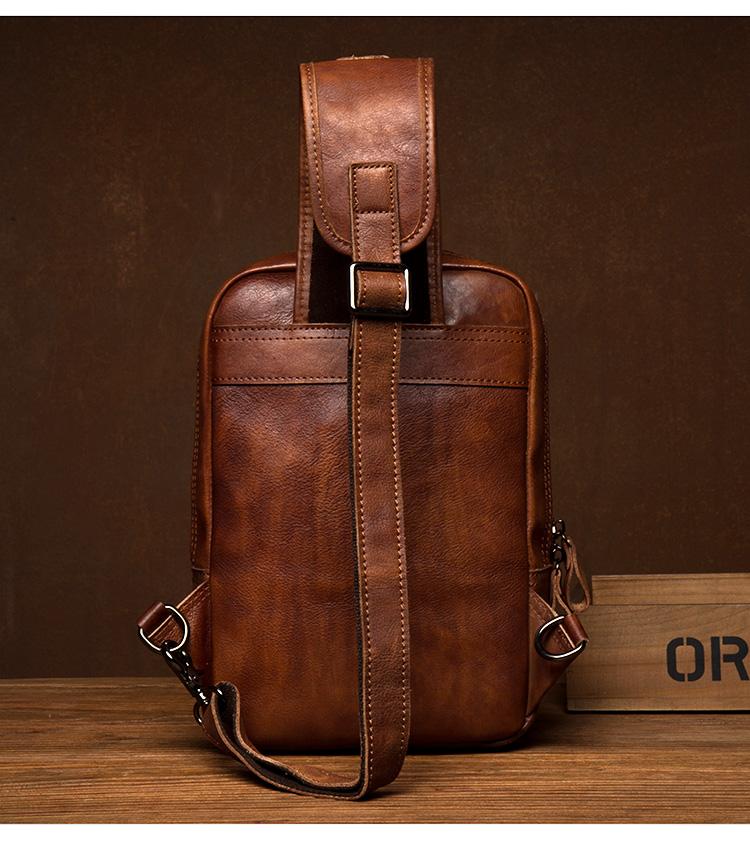 Casual Brown Leather Mens Sling Pack Sling Bag Chest Bag One Shoulder ...