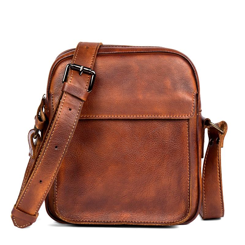 Vintage Brown Leather Small Vertical Postman Bag Messenger Bag Courier ...