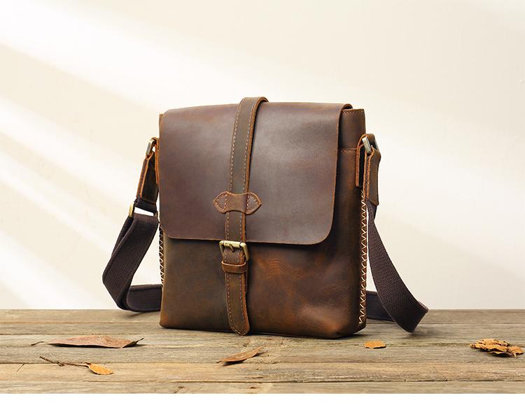 Dark Brown Casual Leather Mens 10 inches Vertical Side Bag Postman Bag ...