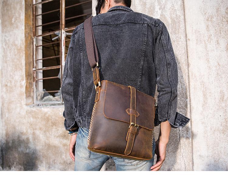 Dark Brown Casual Leather Mens 10 inches Vertical Side Bag Postman Bag ...