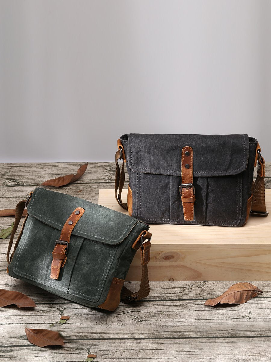 Small Waxed Canvas Mens Waterproof Green Side Bag Courier Bag Messenge ...