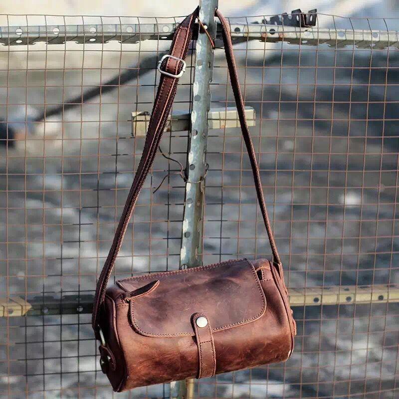 Vintage Leather Small Barrel Messenger Bag Shoulder Bag For Men ...