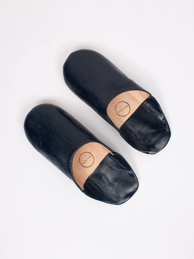 Moroccan babouche mule slippers in indigo leather by Bohemia Design