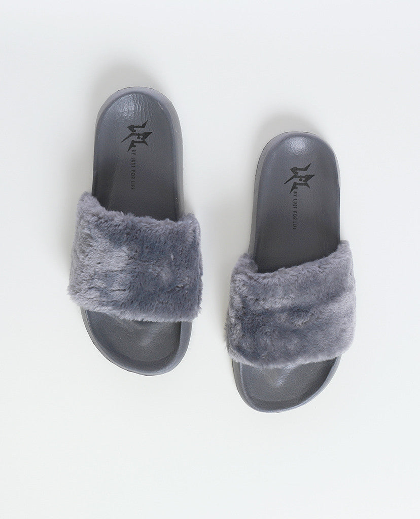 Cotton Candy Gray Faux Fur Slippers LFL 