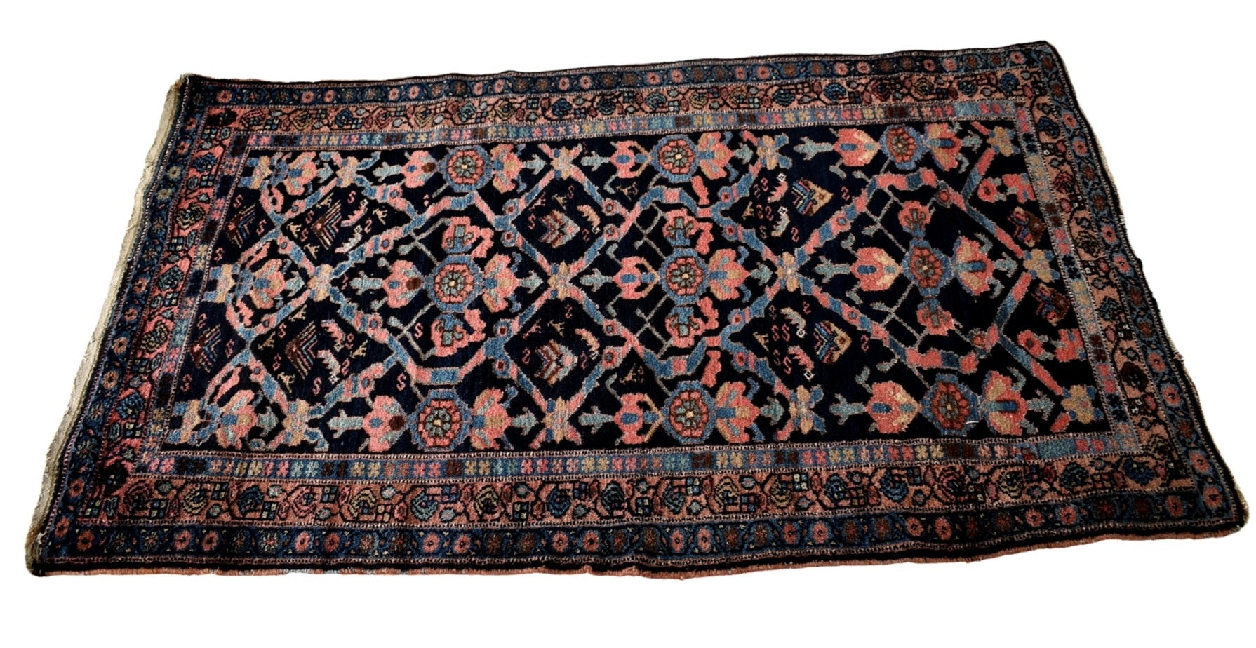 Estate Antique Persian Malayer Rug Runner Hand Knotted Coral Navy Periwinkle c1920