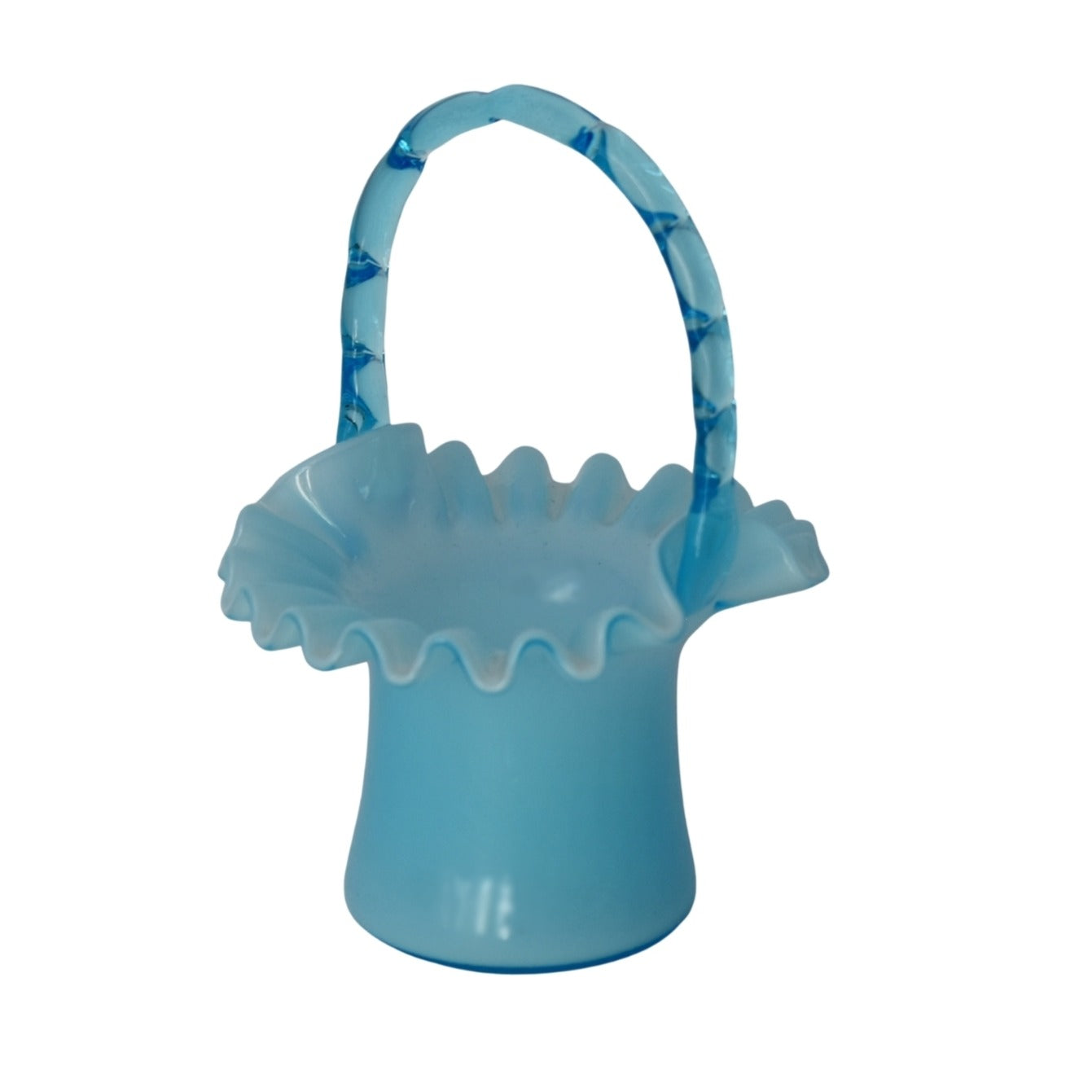 Vintage Fenton Glass Blue Overlay Top Hat Basket #1923 Ruffled Edge Applied Handles c1940