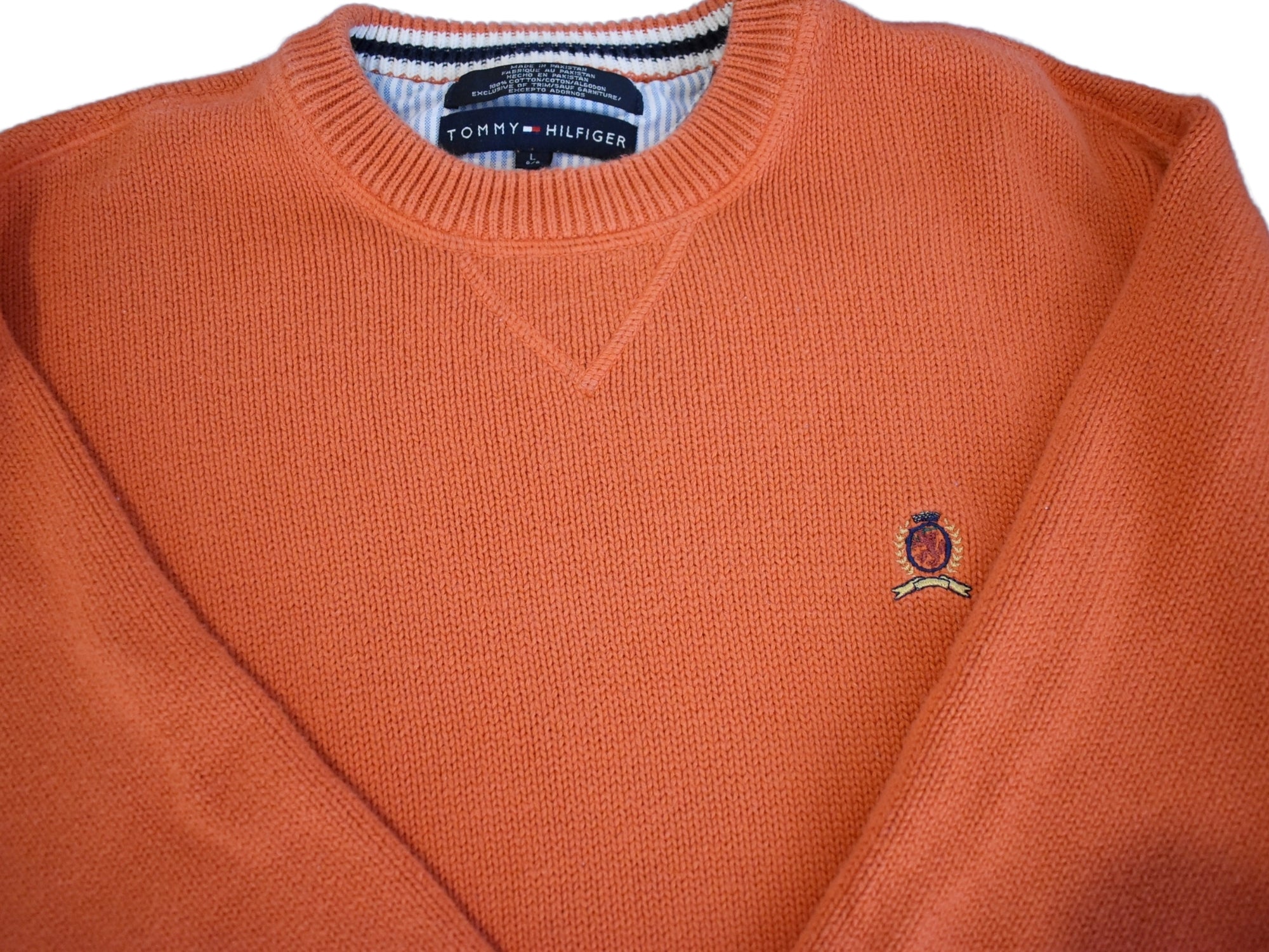 Y2K Tommy Hilfiger Orange Crew Neck Sweater Preppy Style Fantastic Col ...
