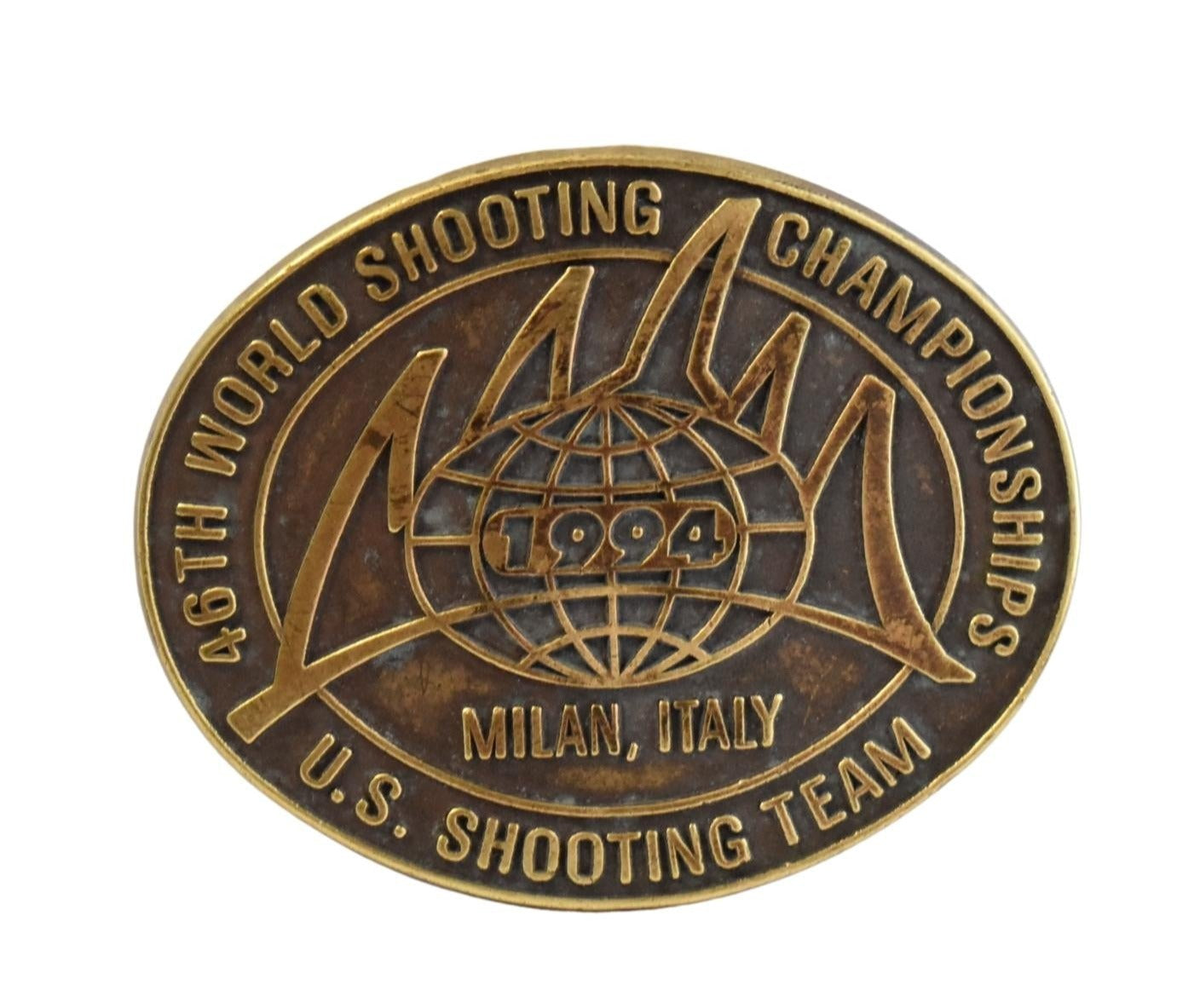 Vintage 46th World Shooting Championships US Team Brass Belt Buckle Milan Italy 1994