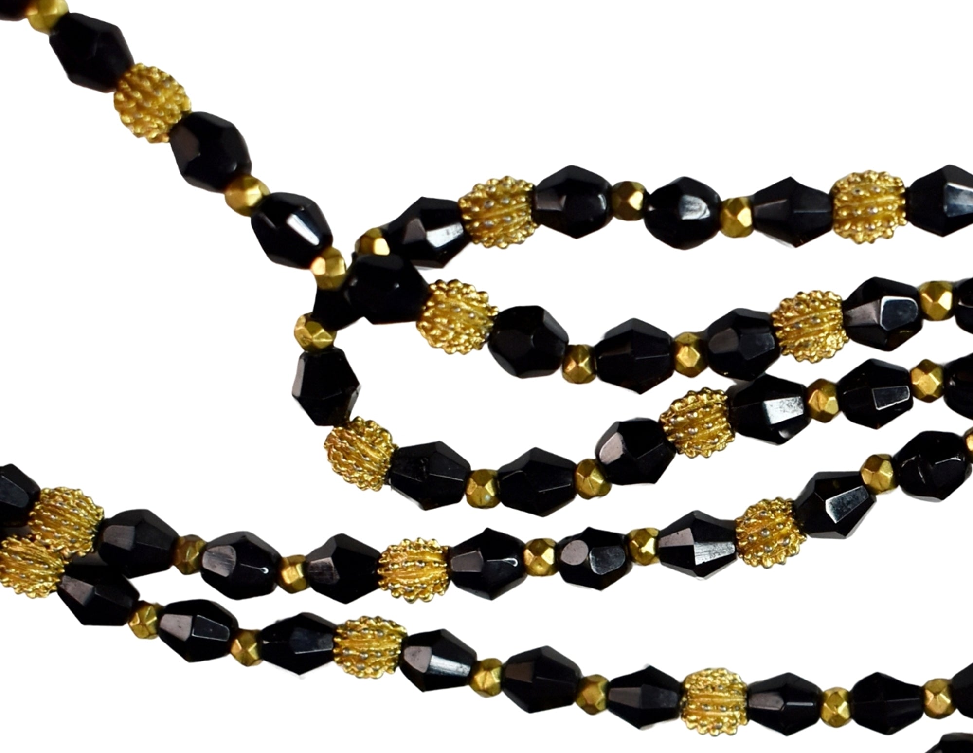 1920s Flapper Czech Glass Beads Necklace Long Black and Gold