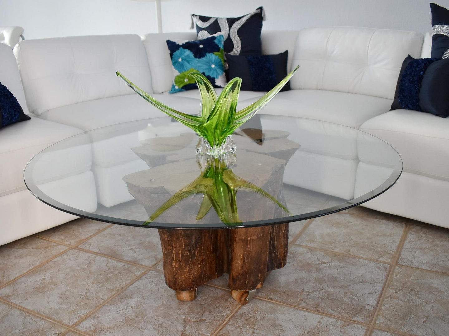 tree stump kitchen table glass top