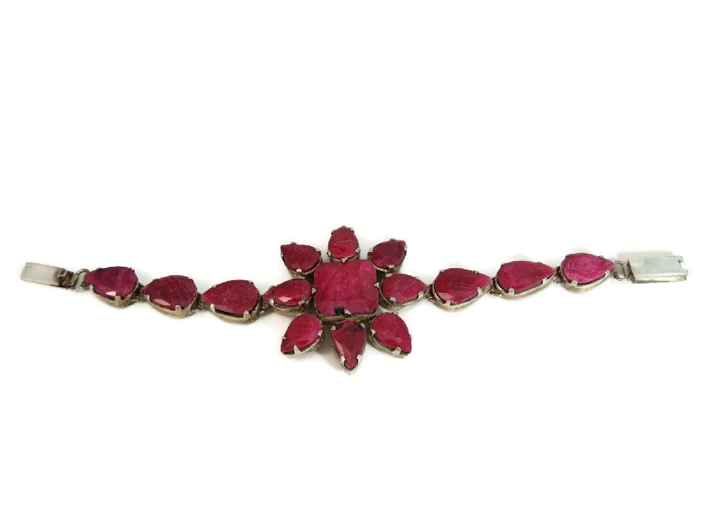Opaque Ruby Flower Bracelet 86 Carats Silver Boho Style – Premier ...