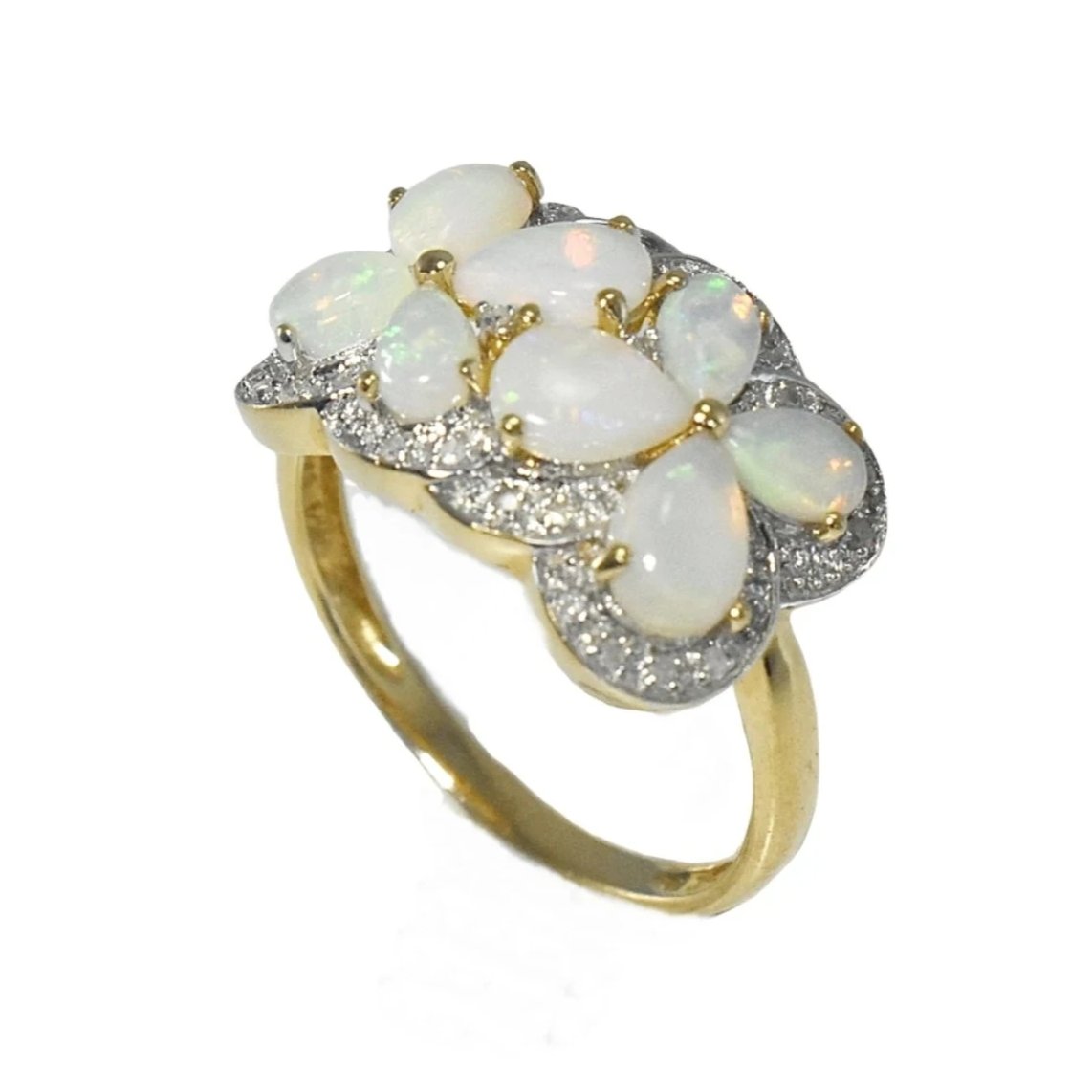 Estate 14k Australian Opal Diamond Cocktail Ring Blue Green Opals