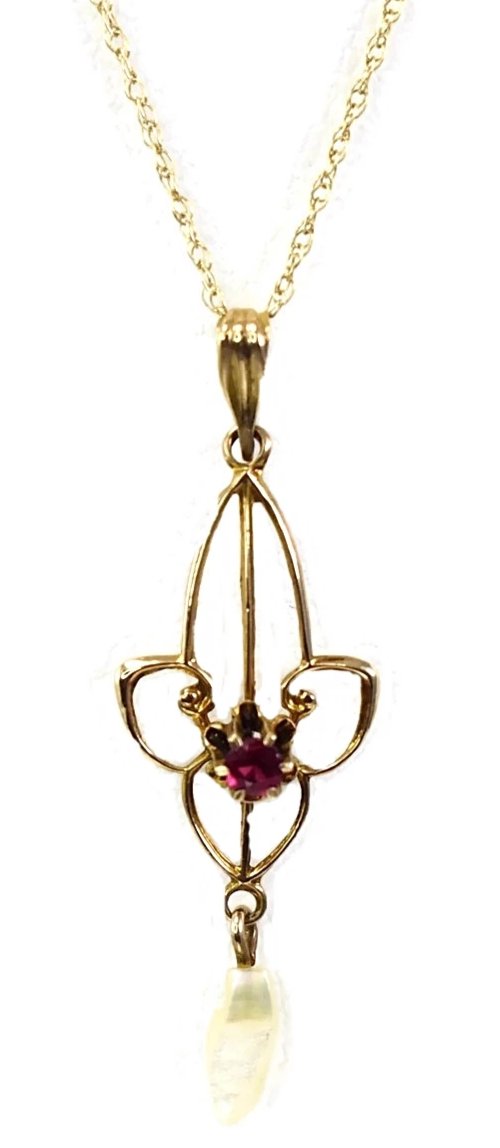 Antique 10k Gold Edwardian Lavaliere Necklace MOP Simulated Ruby