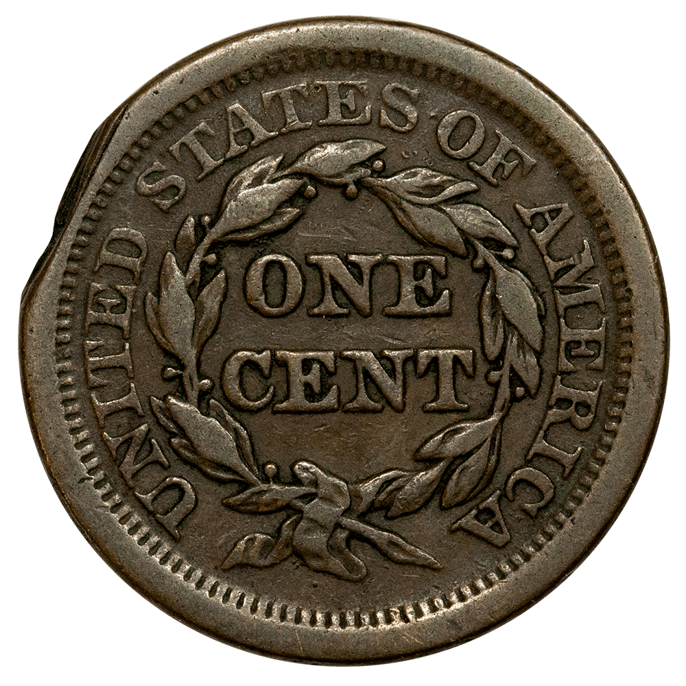 1843 Braided Hair Large Cent - Rim Clip - Very Fine KM.494.4 Marshall and Dwight D