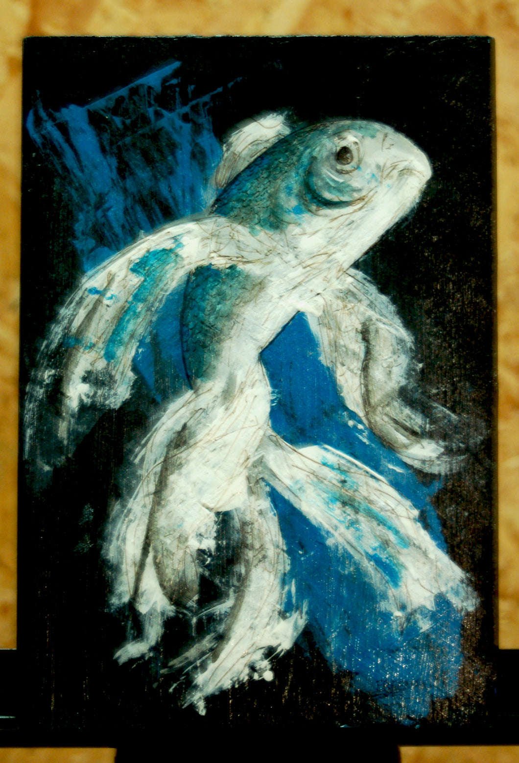 Original contemporary art, blue fish in acrylic paints and inks
