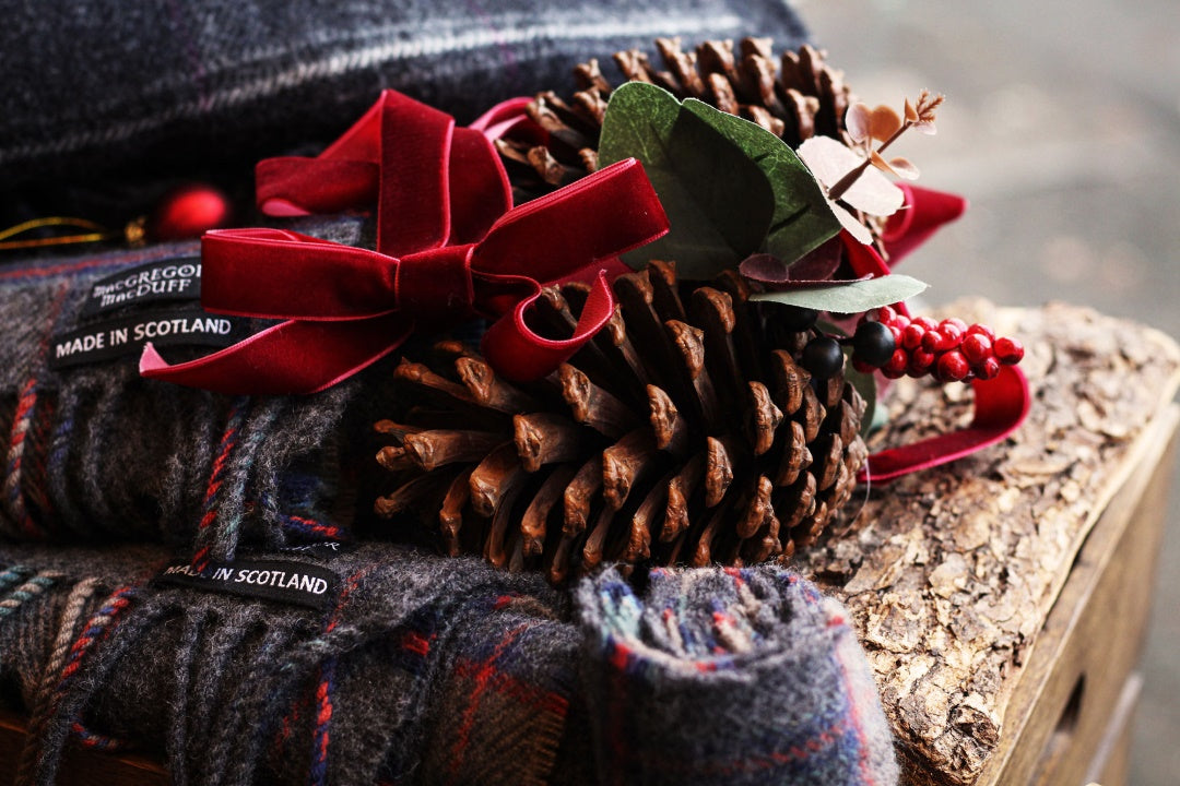 Tartan scarves with Christmas decorations