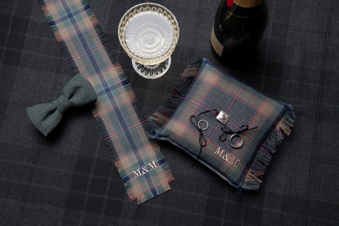 Tartan wedding accessories, ring bearer and handfasting