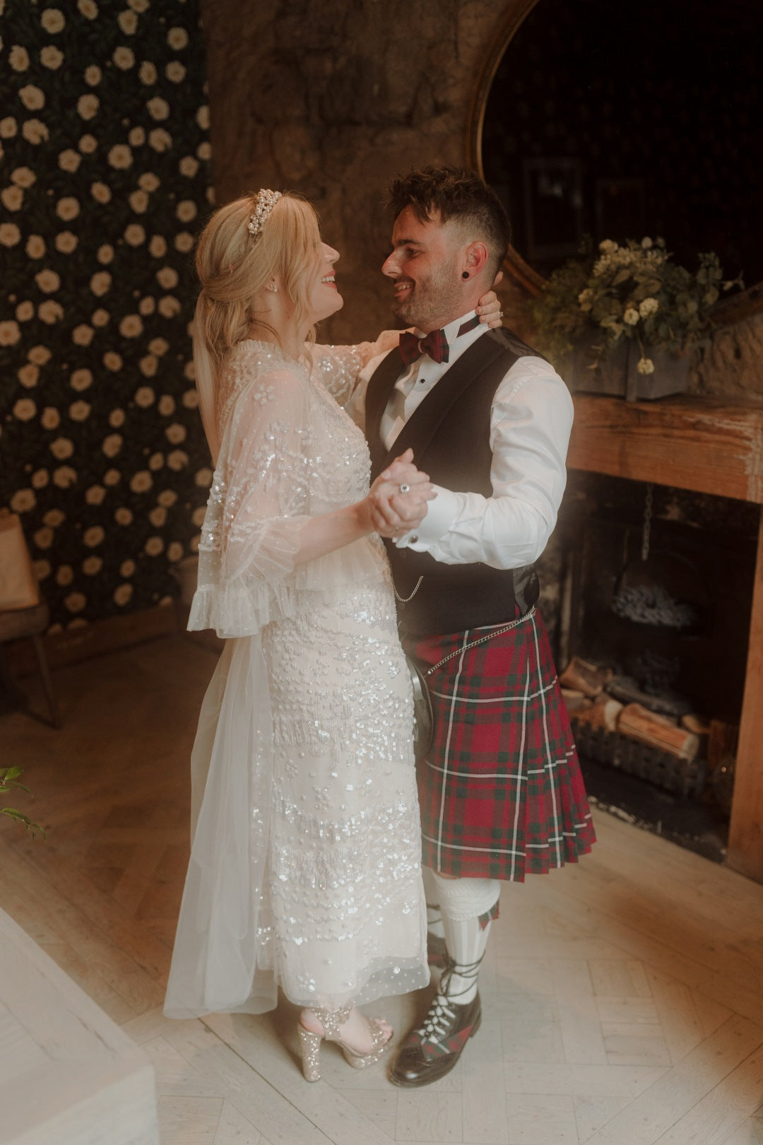 Bride and groom dancing on wedding day