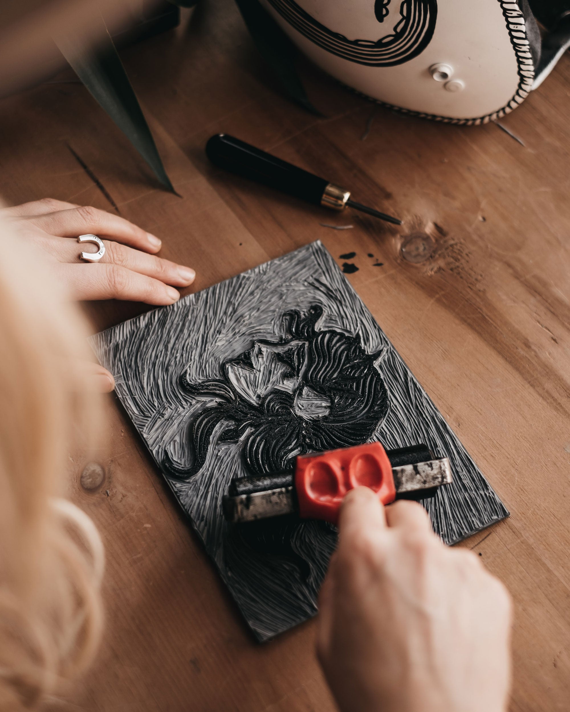 Close up of the lino ink being rolled