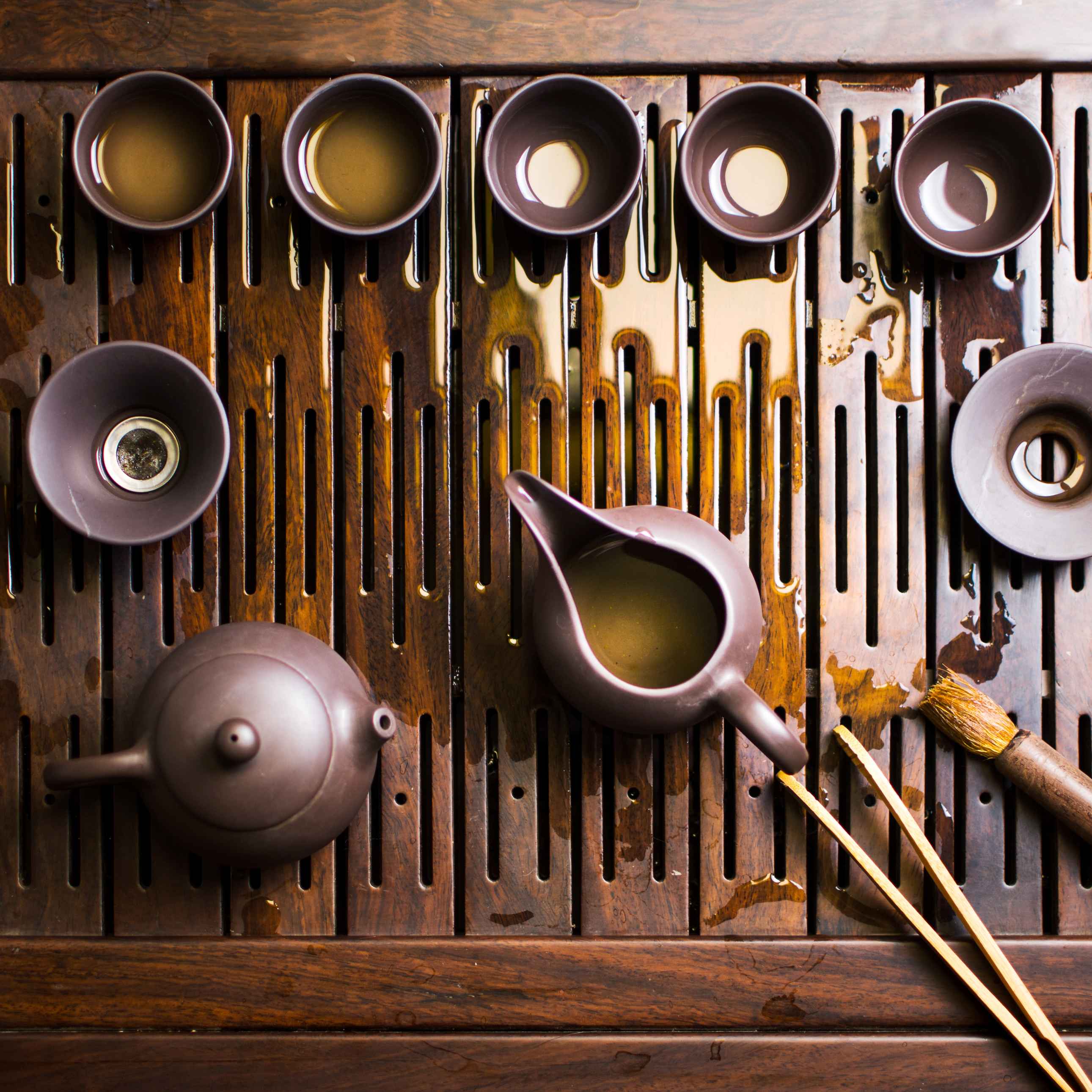 tools and teaware on a tea tray