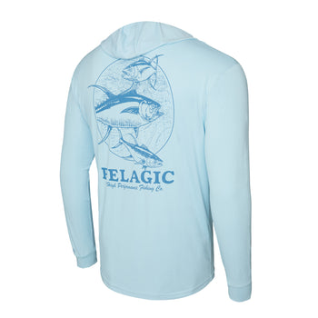 Men's Long Sleeve Hooded Fishing Jersey: Blue/Aqua - fishing shirt
