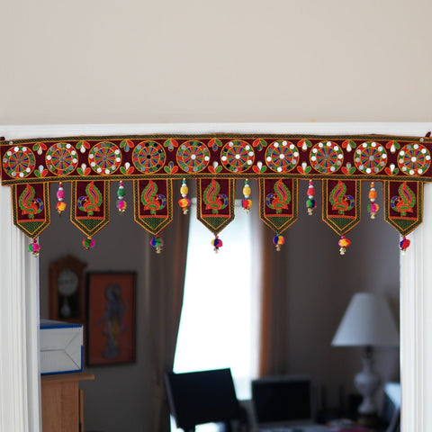 Aangan of India - Indian embroidered peacock home decor | window/door bohemian pompom decoration, Indian ethnic tapestry, mirror work gypsy hippie door frame; perfect decoration for Fall and Halloween.  Decoration for indoor and outdoor