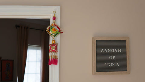 Aangan of India - Hand-painted wooden parrot hanging with silk tassels and pearl beads |Hippie door knob hanging, boho window/door/wall frame decoration; Diwali, Fall, Halloween and Day of the Dead (Dia de los muertos) door, window, and home decoration
