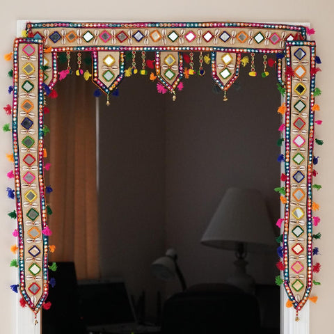 aangan of india - Indian Kori work bohemian home decor, window/door pompom decoration, Mirror work gypsy hippie door frame, ethnic tapestry, Diwali toran, halloween and Fall theme decooration for door and hallways