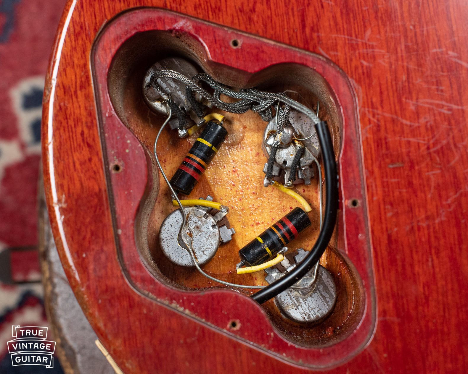 1958 Gibson Les Paul control cavity, potentiometers, capacitors