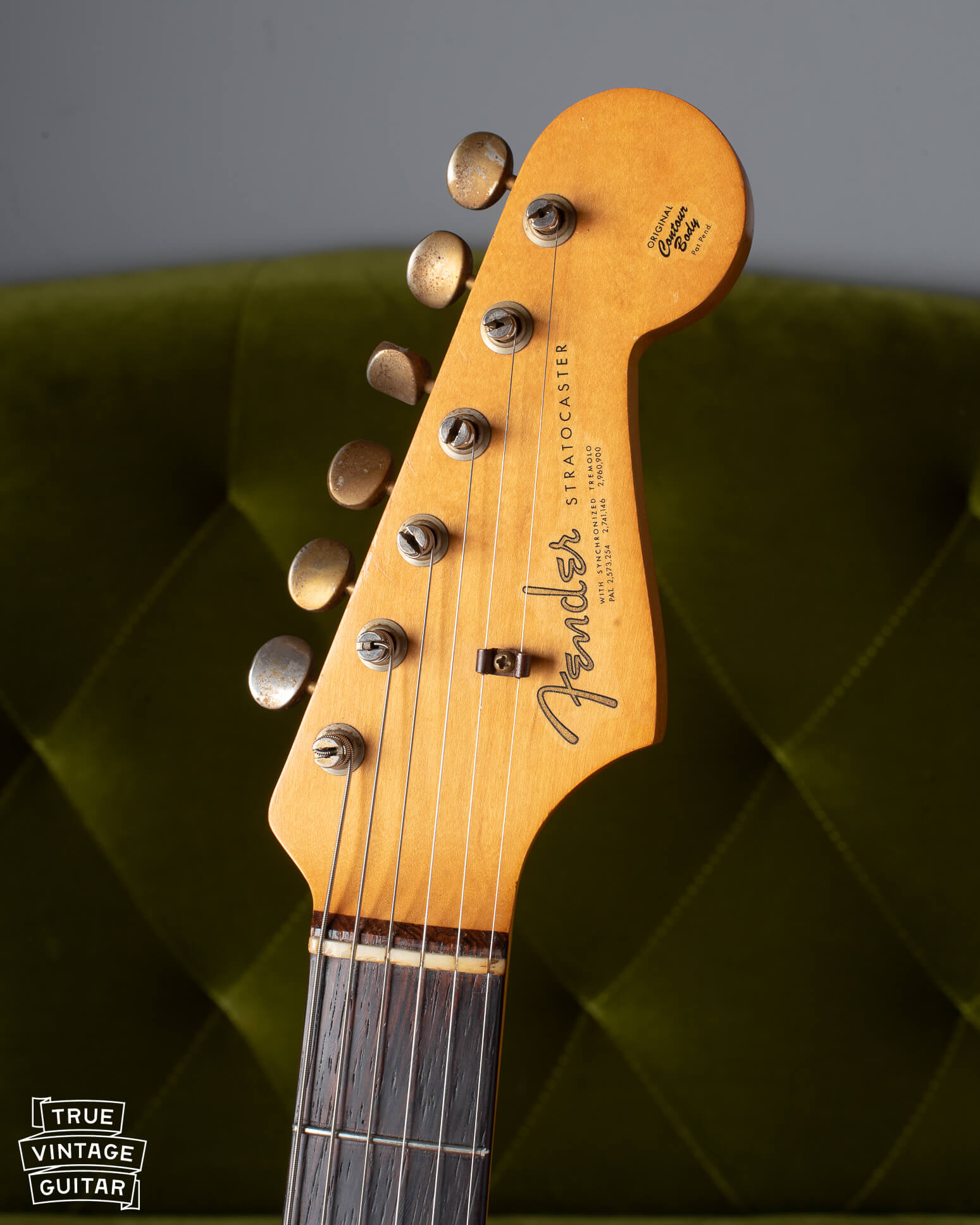 1963 Fender Stratocaster neck and headstock with spaghetti style logo