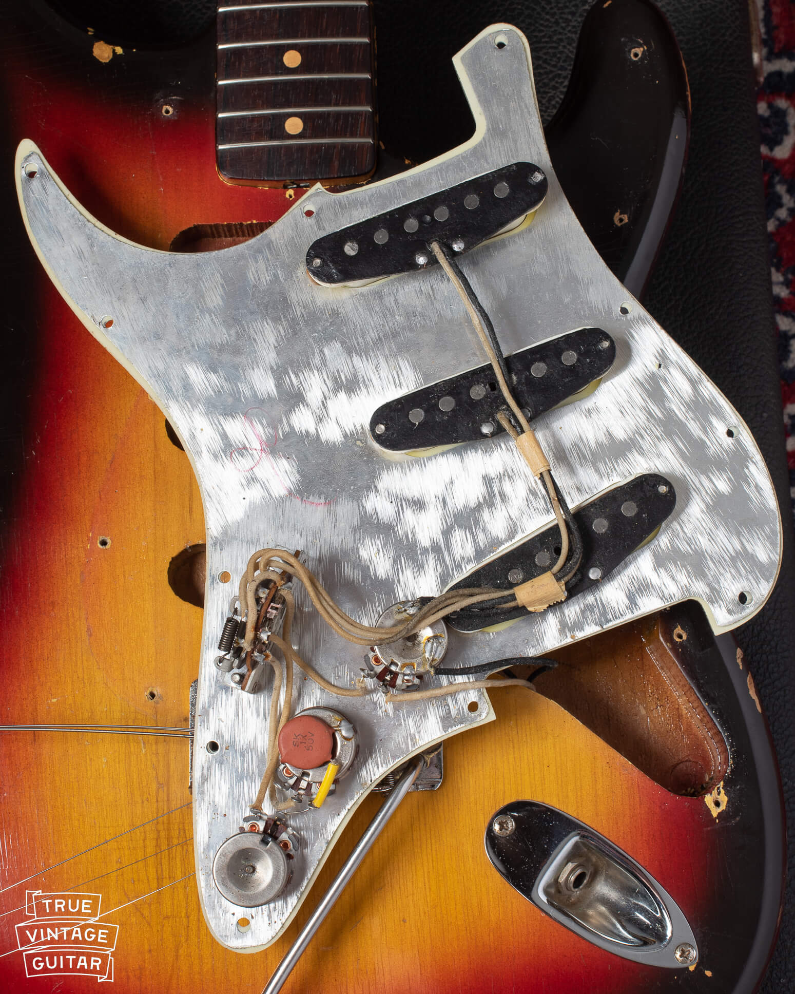 1963 Stratocaster black bobbin pickups, three way switch, wiring, and potentiometers