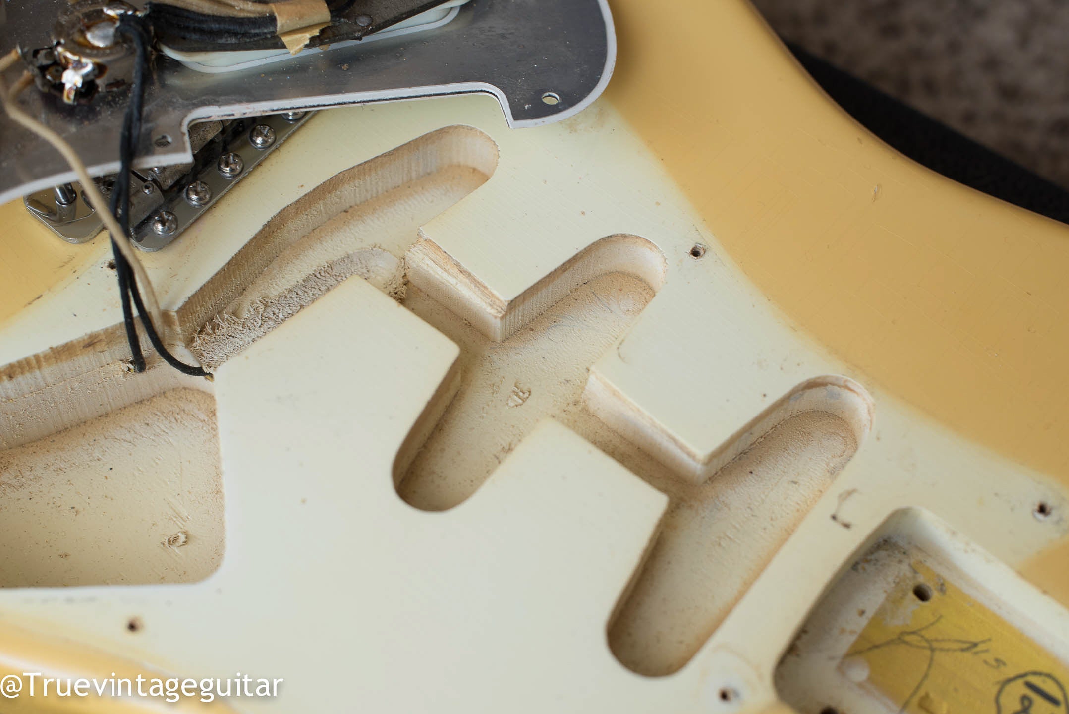 Body cavity, pickup cavities, custom color Olympic White Fender Stratocaster 1965