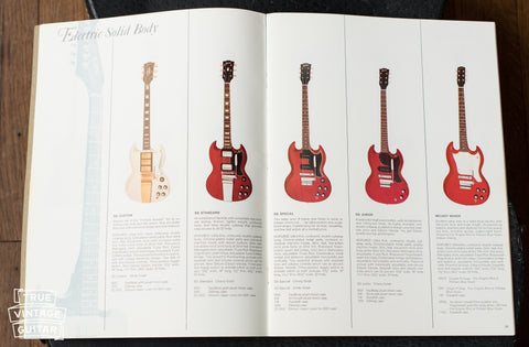 1966 Gibson catalog solid body electric SG page, SG Junior, SG Special, SG Standard, SG Custom, Melody Maker