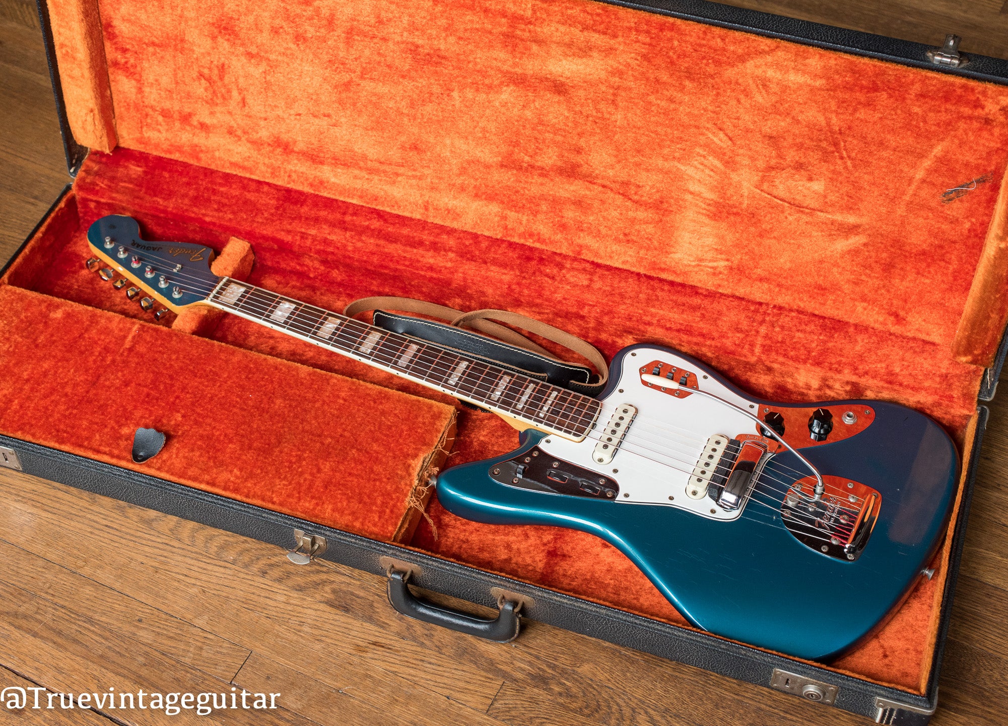 Fender Jaguar 1966 guitar in Lake Placid Blue Metallic finish in its original case. 