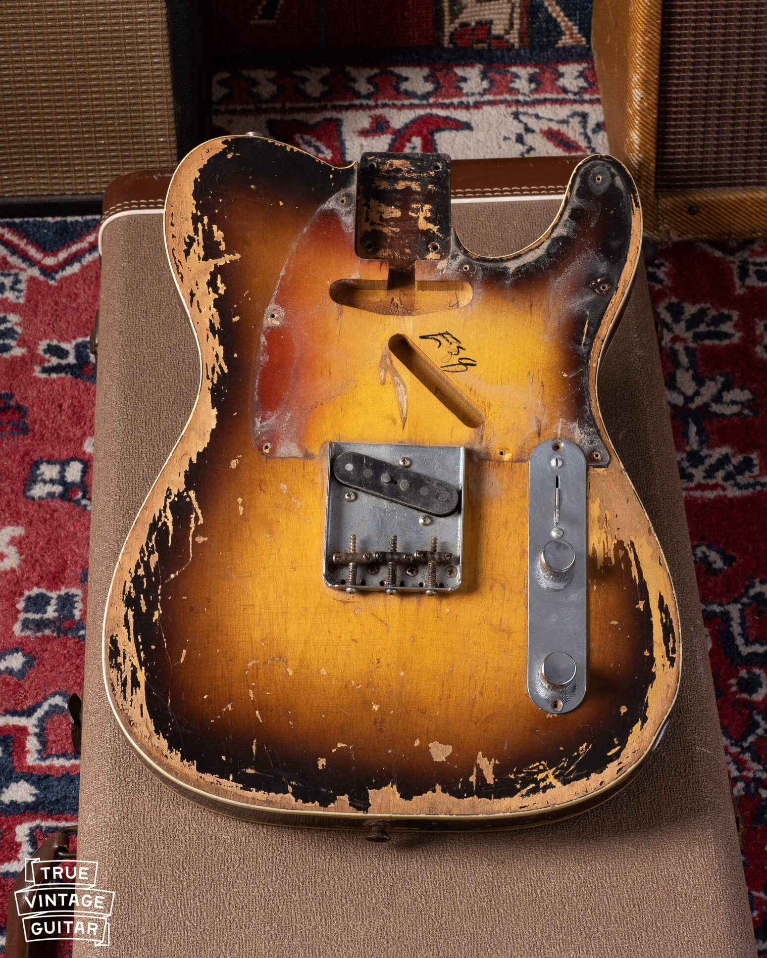 1960 Fender Custom Esquire body cavities under pickguard with "Esq" mark