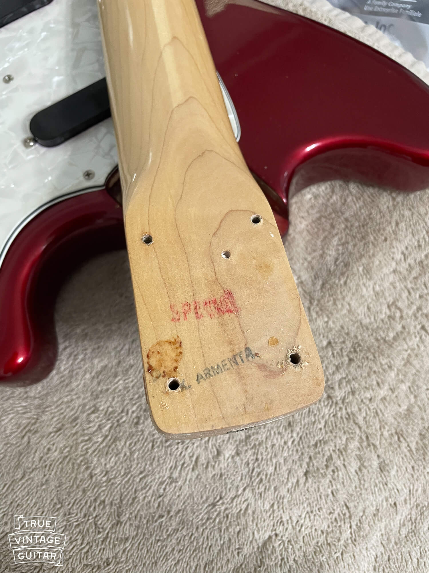 Red SPECIAL stamp on vintage Fender guitar neck