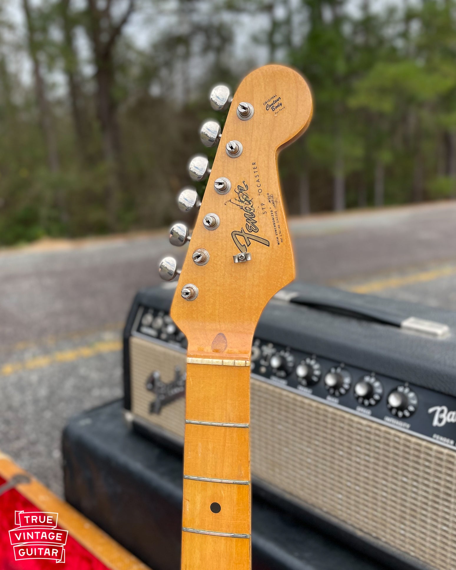 Fender Stratocaster 1954 neck with 1965 era transitional logo hiding previous string tree placement.