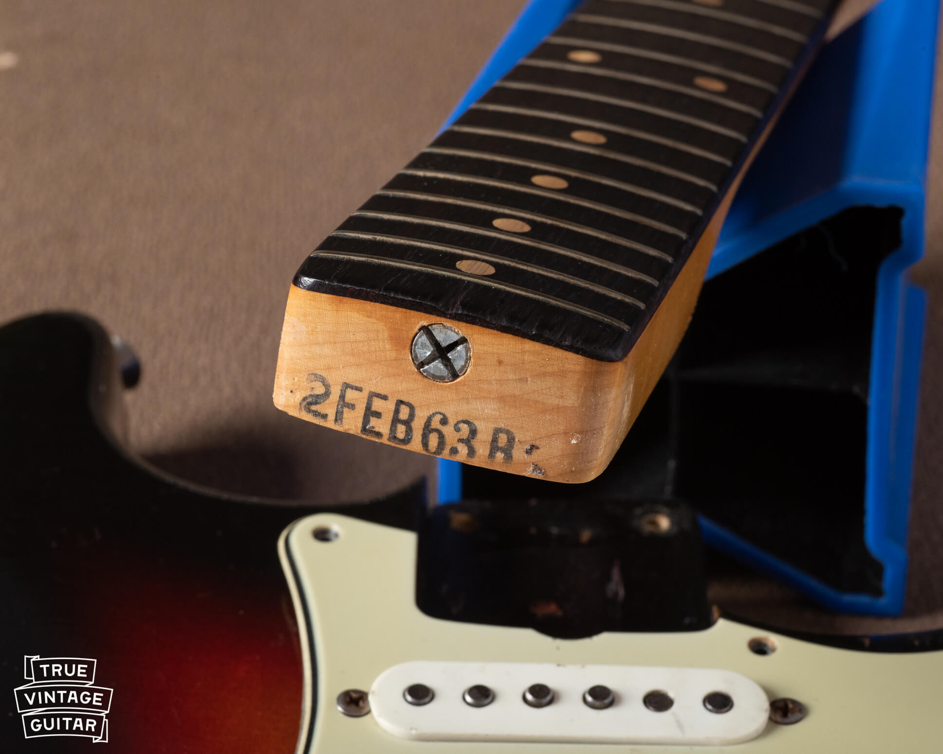 1963 Stratocaster neck heel ink stamp "2FEB63B"