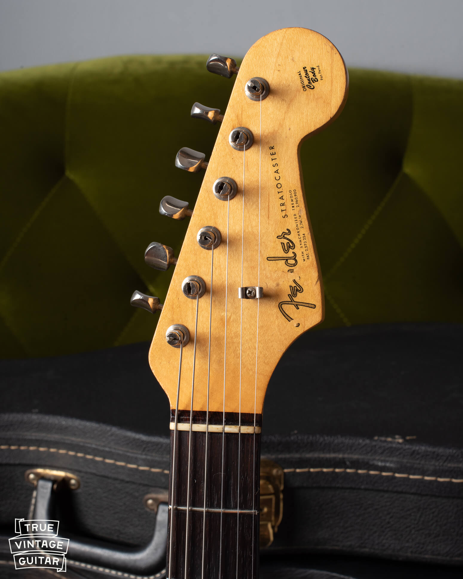 1963 Fender Stratocaster headstock with spaghetti logo