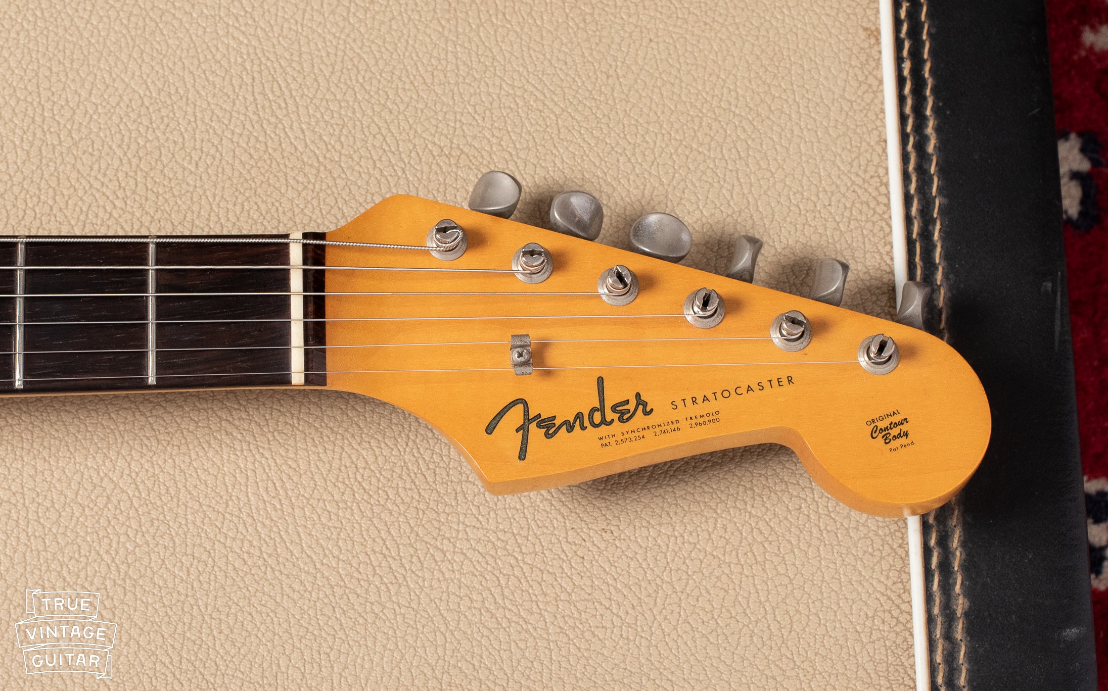Spaghetti logo with three patent numbers on 1964 Stratocaster