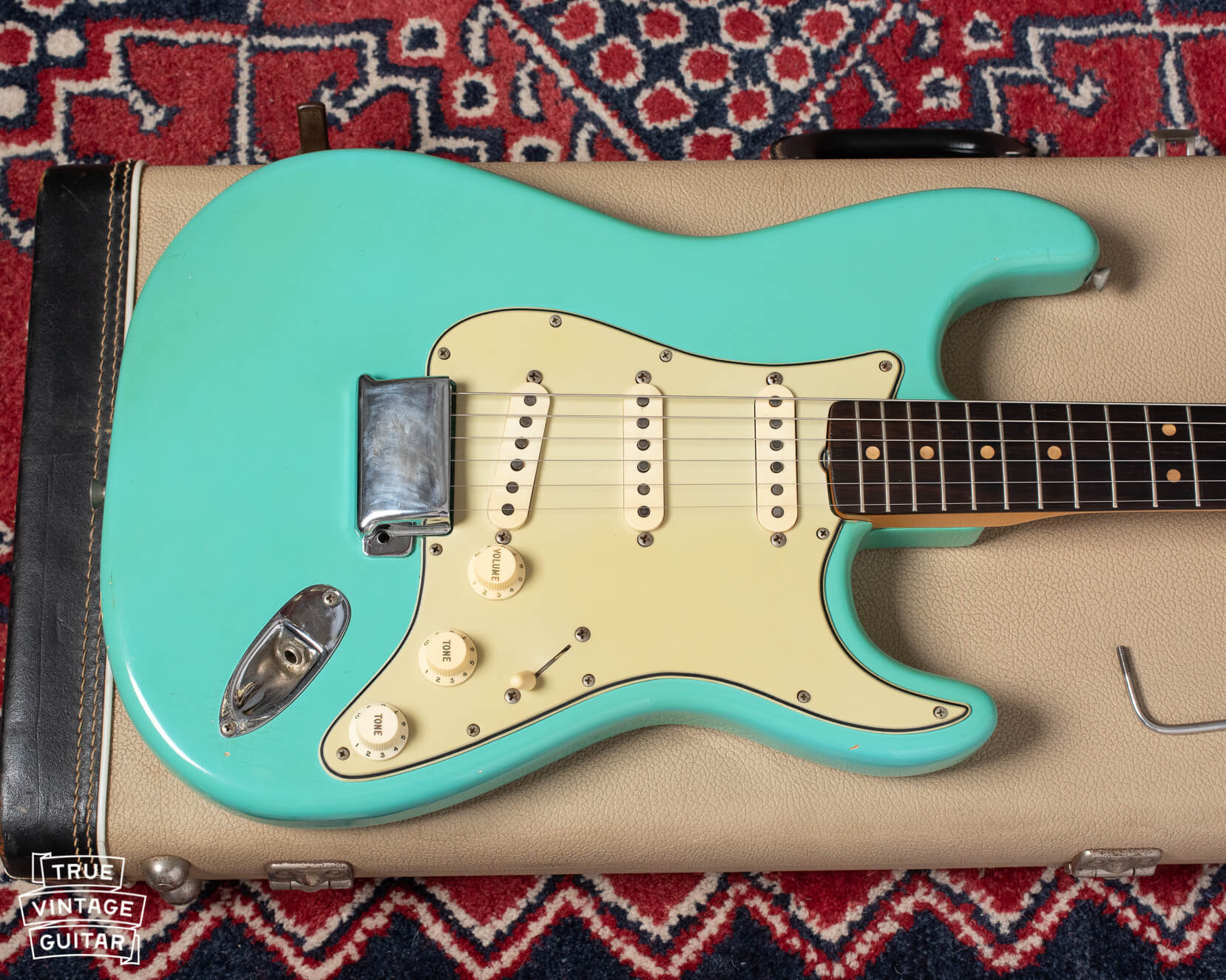Vintage Fender Stratocaster with light blue green finish called Foam Green from 1964
