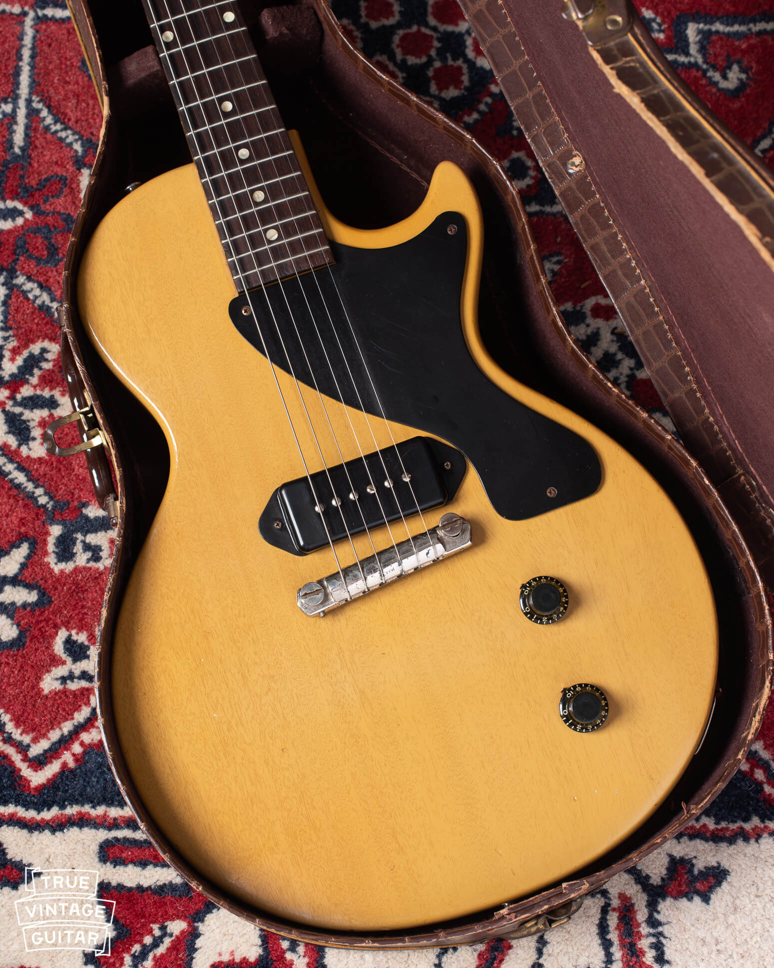 1956 Gibson Les Paul TV guitar in case. Yellow finish with black pickguard.