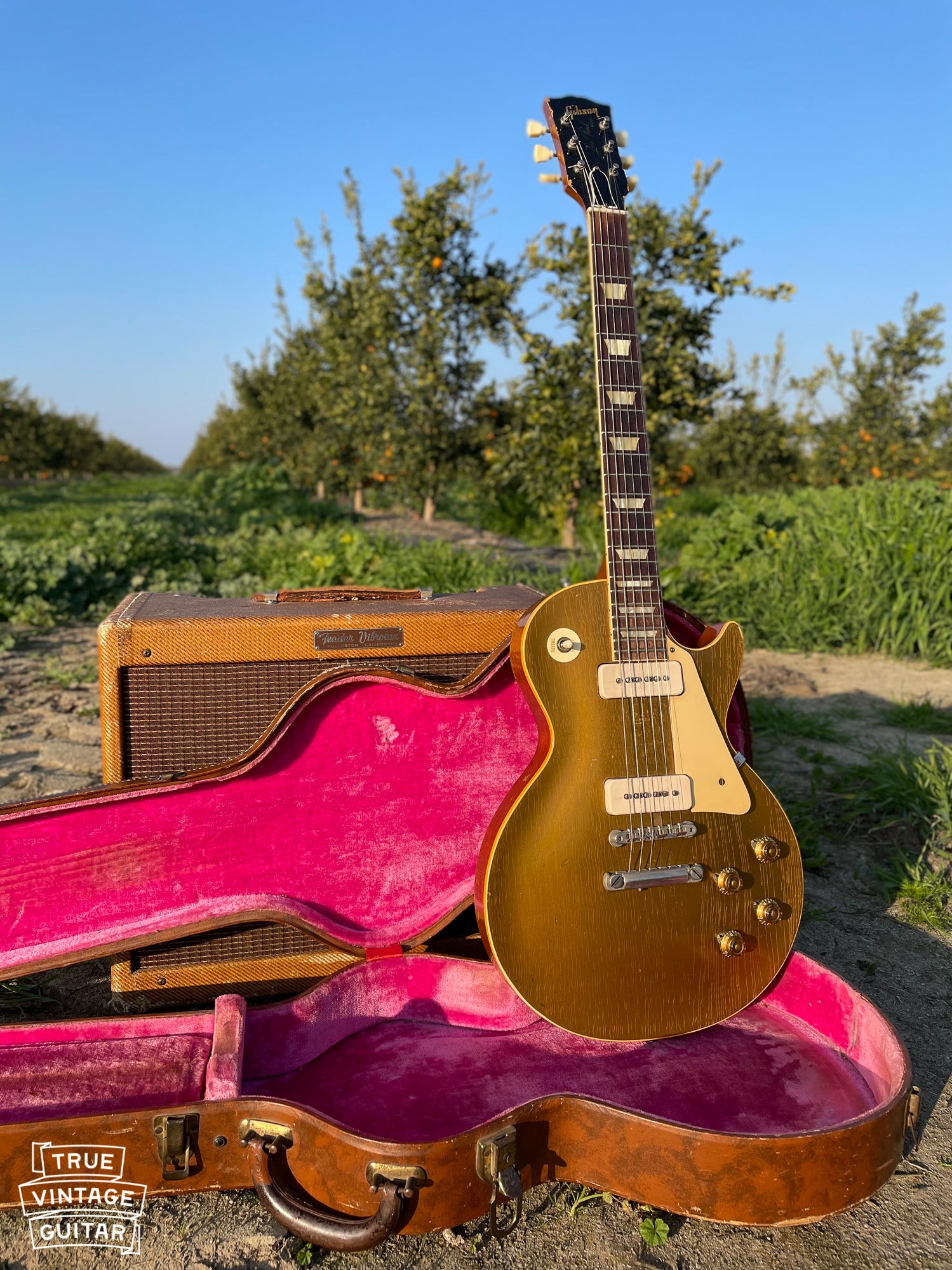Gibson Les Paul 1956 vintage guitar, goldtop, gold guitar with brown and pink case