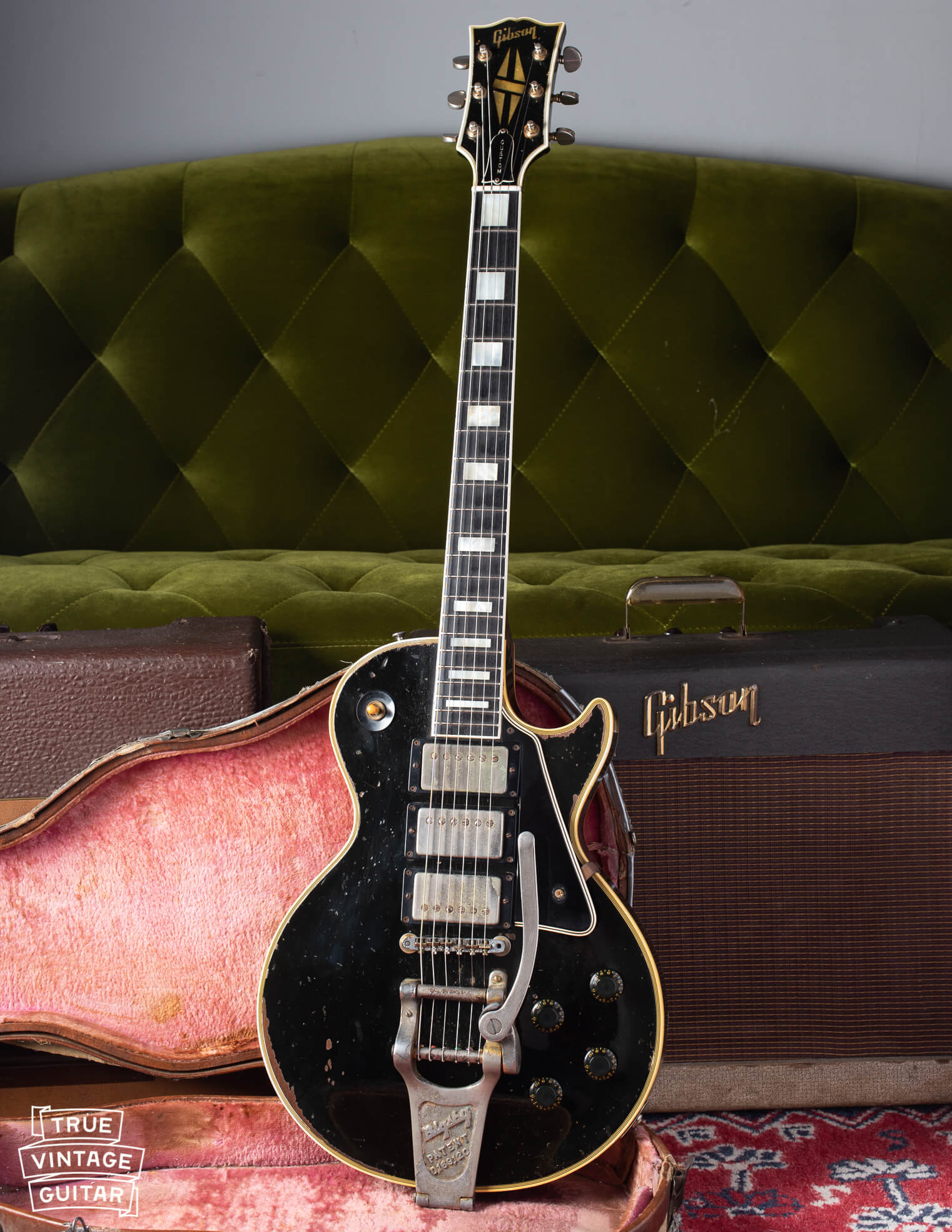 1960 Gibson Les Paul Custom black guitar with gold pickups