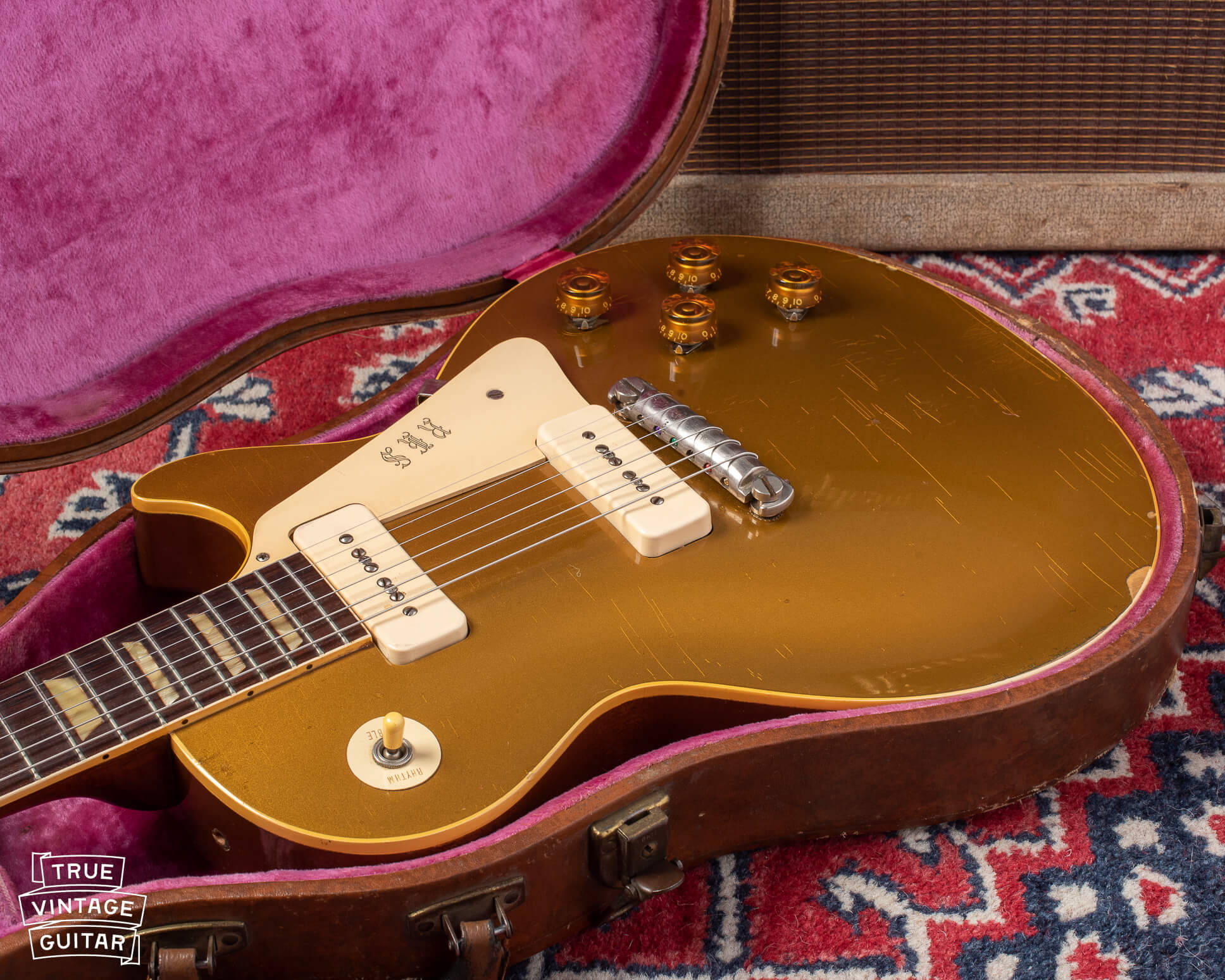 Finish checking on a 1954 Gibson Les Paul goldtop guitar