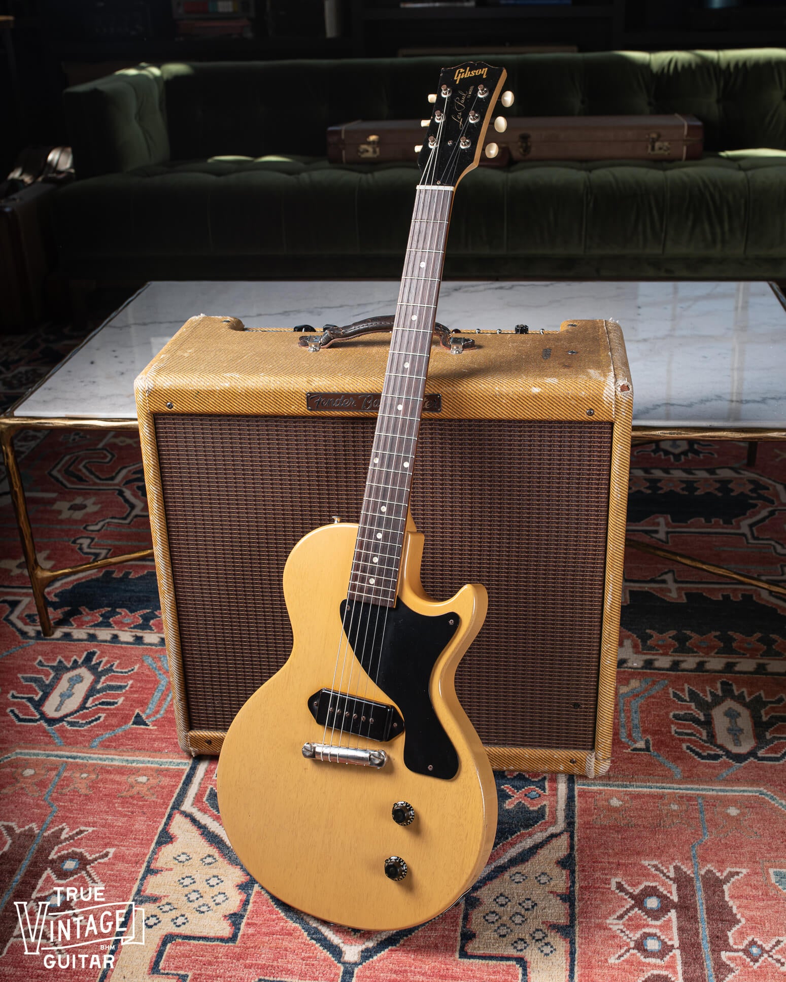 Gibson Les Paul TV Model guitar made in 1957 with yellow finish, black pickguard, one p-90 pickup, and single cutaway