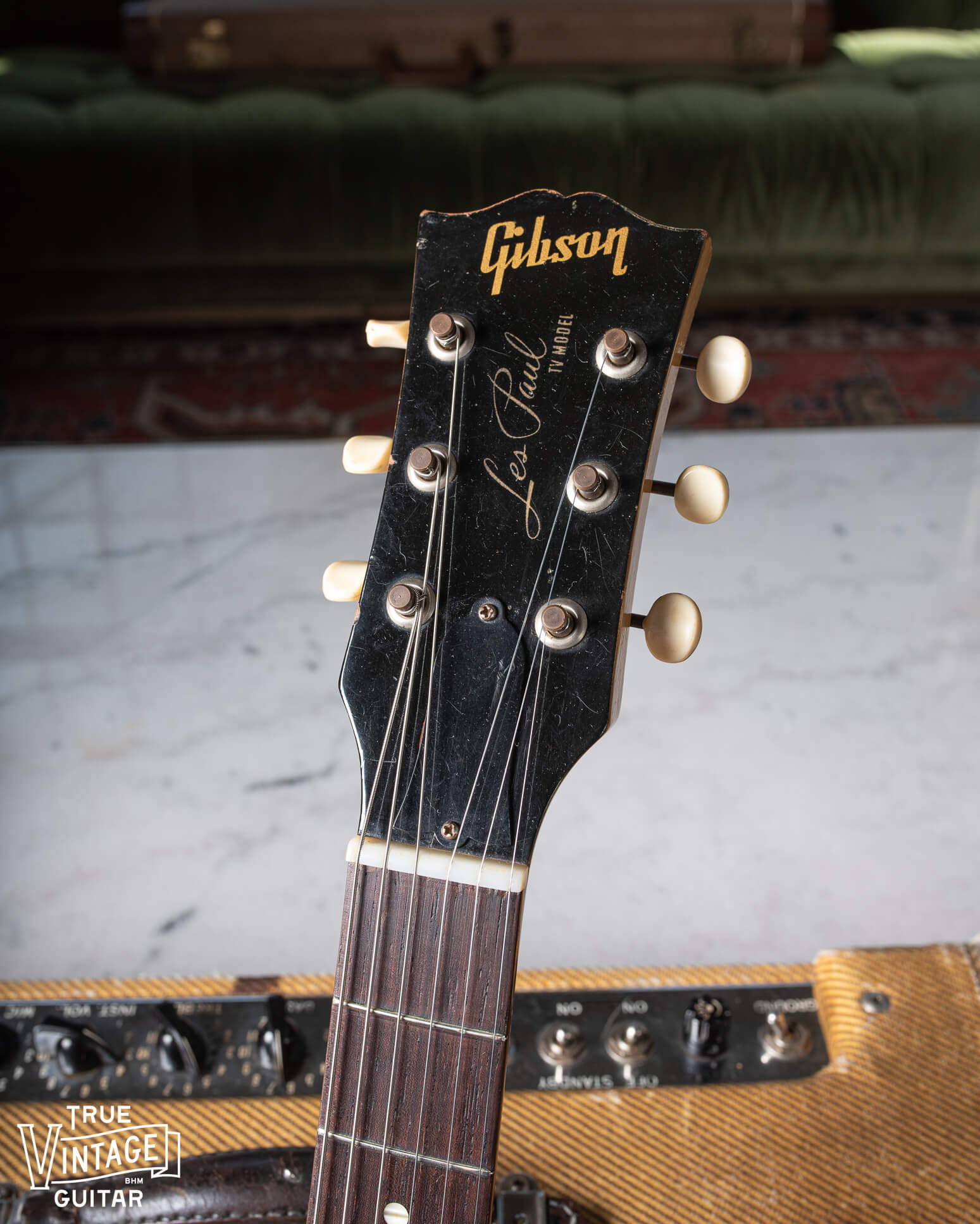 Gibson Les Paul TV model headstock with Les Paul signature and "TV Model" in silkscreen made in 1957