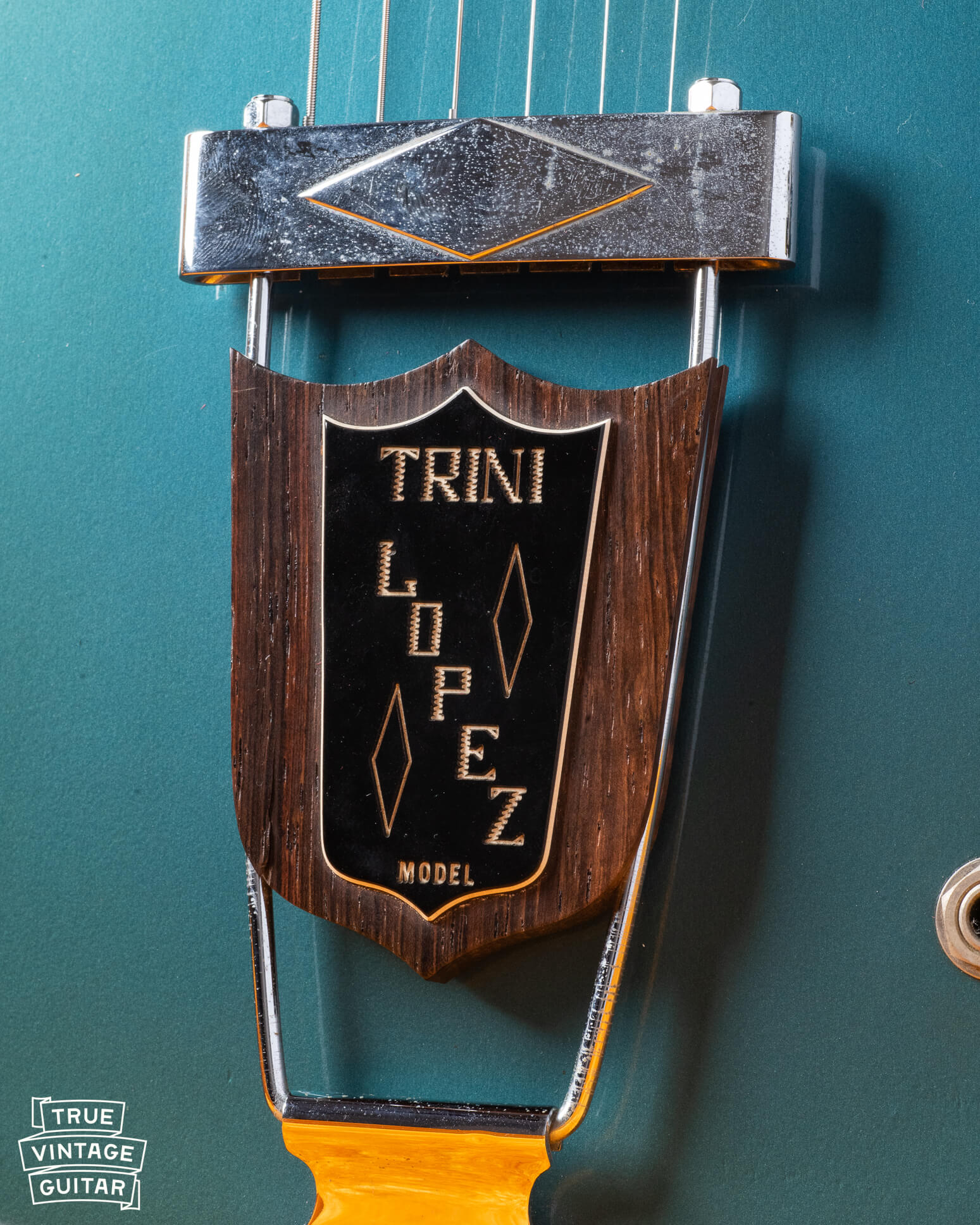 Trini Lopez engraved plaque on 1966 Gibson Trini Lopez guitar blue green